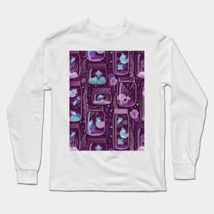 Glowing in the moss // pattern // purple background jars with lightning fireflies bugs quirky whimsical and bioluminescence lampyridae beetles Long Sleeve T-Shirt